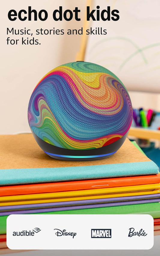 Amazon Echo Dot Kids (newest model) - Designed for kids, with Alexa+ Early Access, parental controls, Includes 1 Year of Amazon Kids+, Rainbow Swirl
